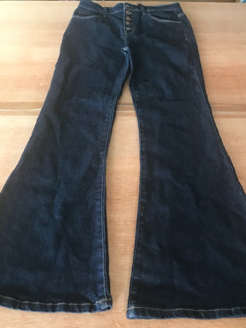 Risen Clean Classic Flare Jeans Women 29 Blue High Rise Button Fly Dark Wash